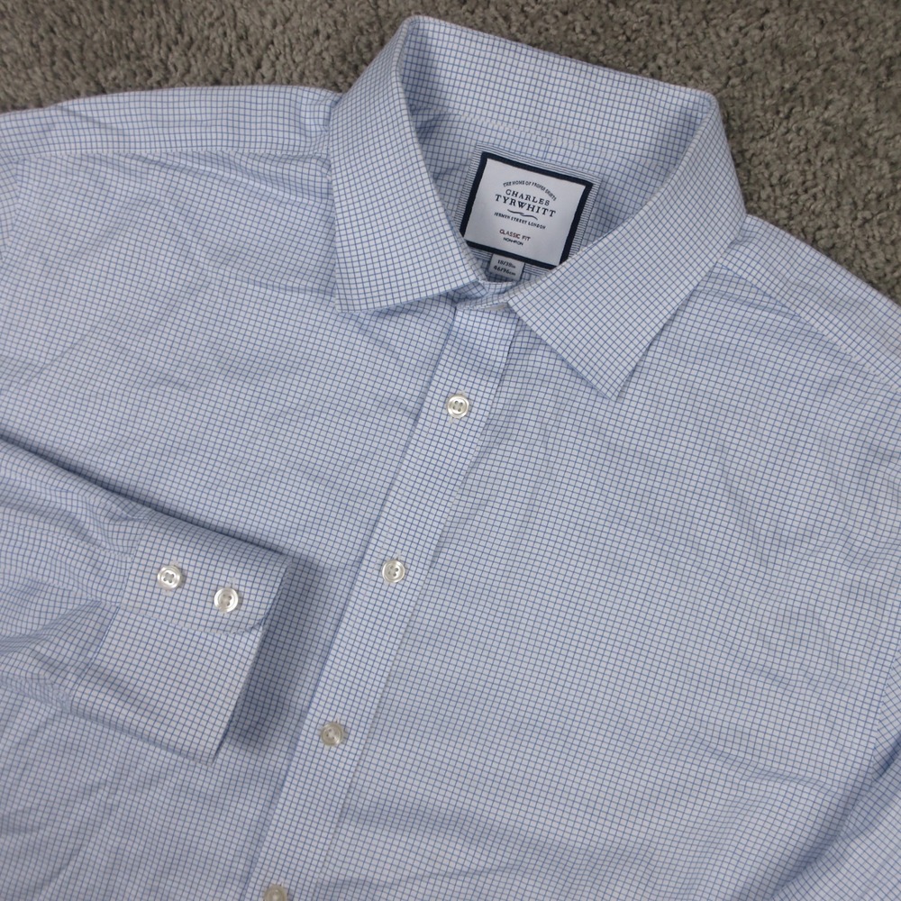 Charles Tyrwhitt Shirt Men 2XL 18 38 Blue Check Grid Classic Fit Dress Button Up
